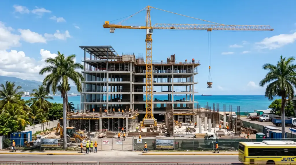 Mid-rise commercial building under construction with a tower crane in Jamaica