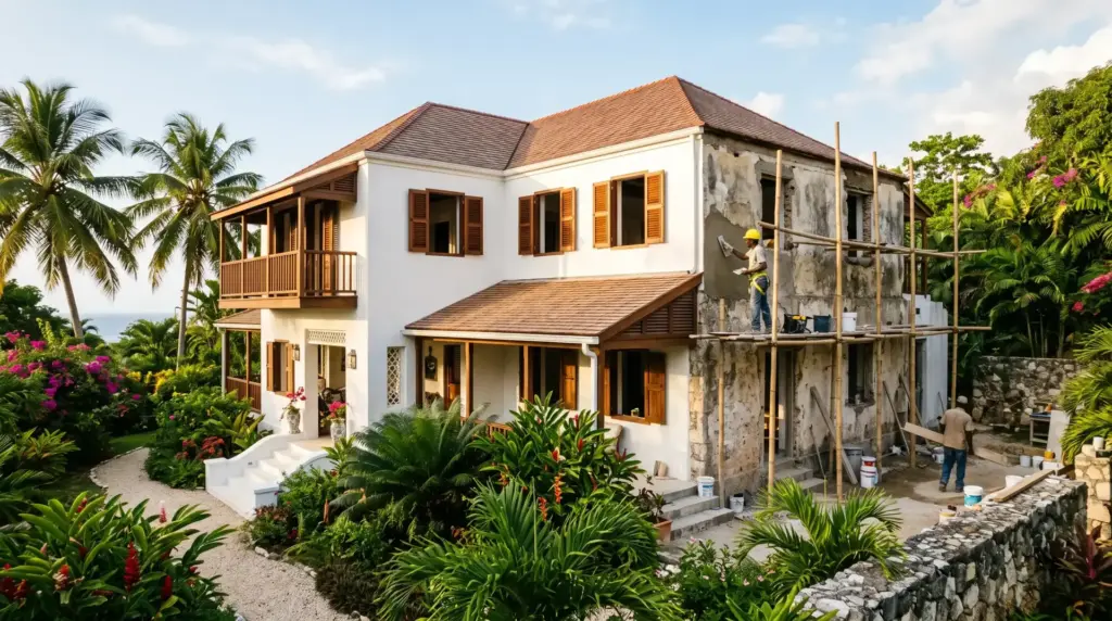Caribbean colonial house in Jamaica part-way through renovation with scaffolding