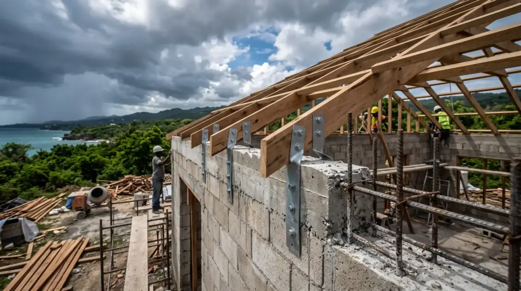 Reinforced concrete roof beam with hurricane strapping on a Jamaican building site